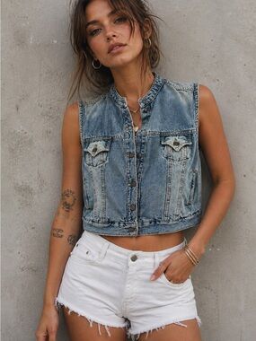 Levi Strauss Signature Denim Vest Women's XL Bleach Out 80s Style Biker Jacket